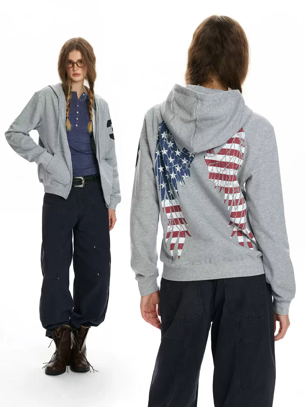 Vintage Flag Graphic Zip-Up Hoodie